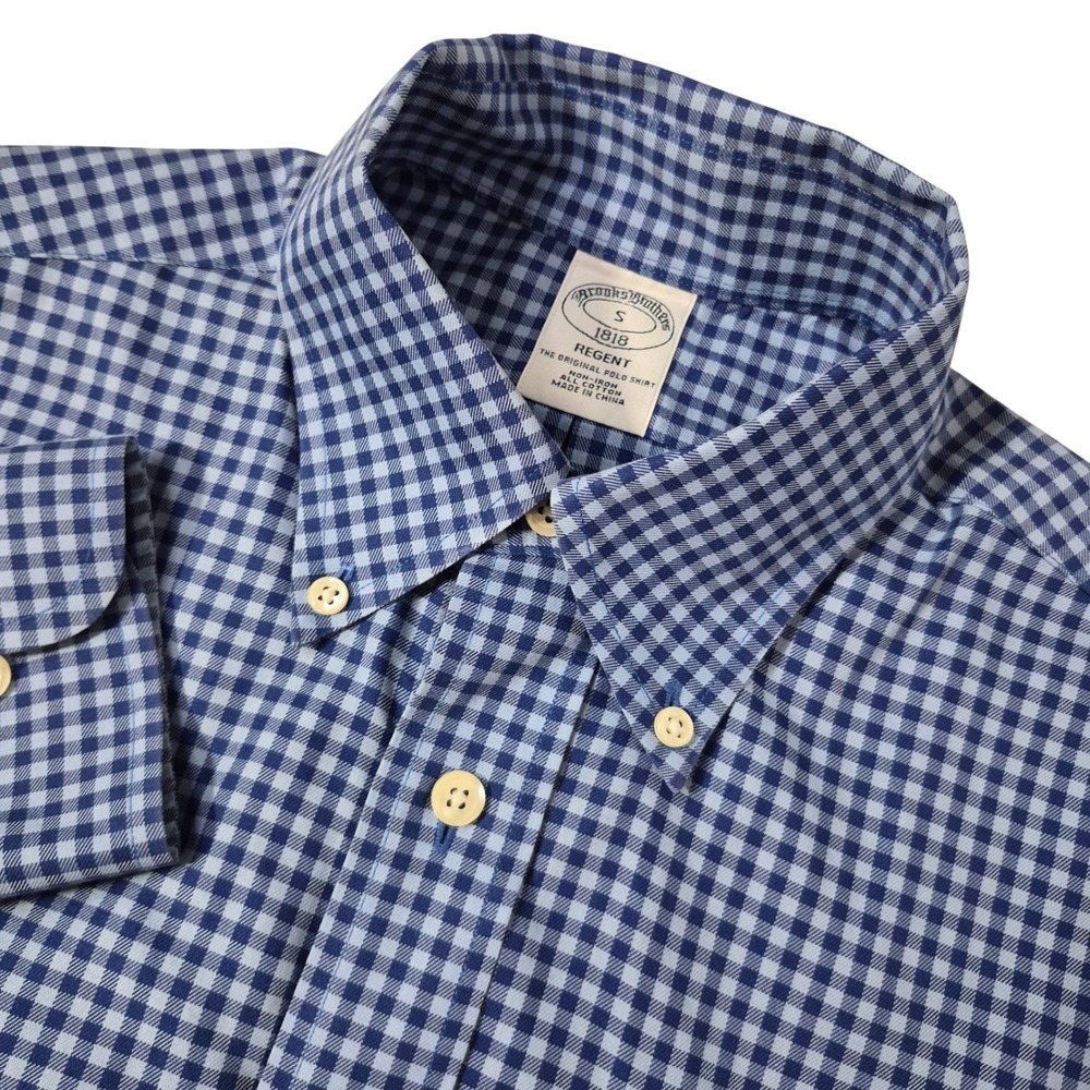 Brooks Brothers Button Down Shirt Mens Small Blue Gingham Regent Non-Iron Cotton